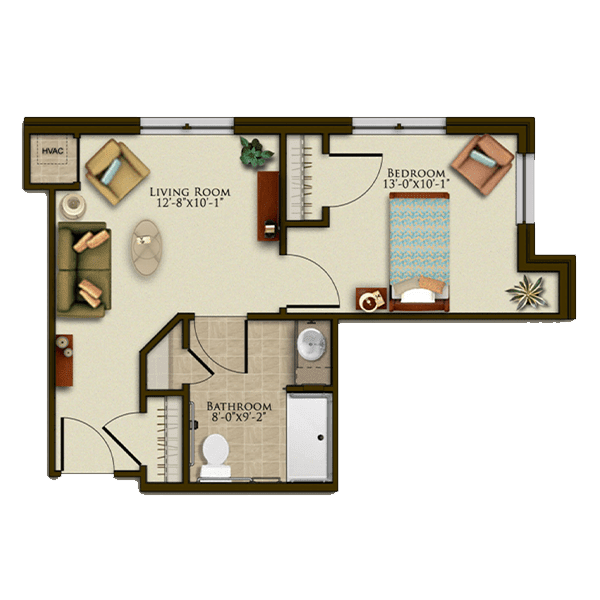 A floor plan of a one-bedroom apartment featuring a living room, kitchen, and bathroom.
