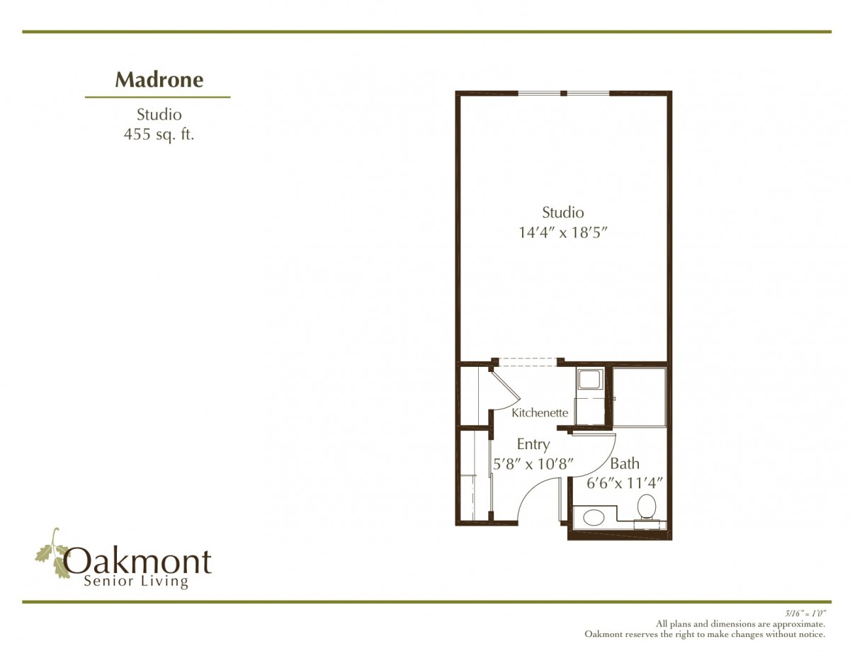 Floor plan of a studio apartment with dimensions.