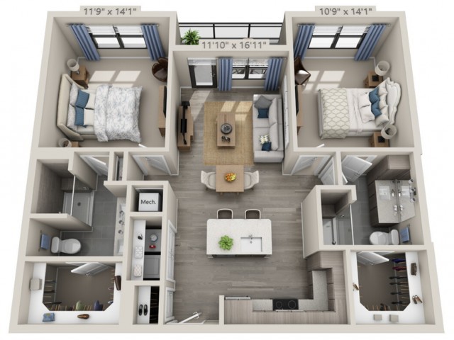 A detailed floor plan of a modern two-bedroom apartment with two bathrooms, an open living room, and a kitchen.