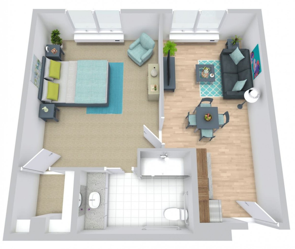 A 3D floor plan of an apartment featuring a bedroom, living room, and bathroom.