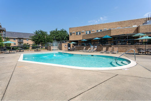 A serene outdoor swimming pool surrounded by seating and greenery, perfect for relaxation on a sunny day.