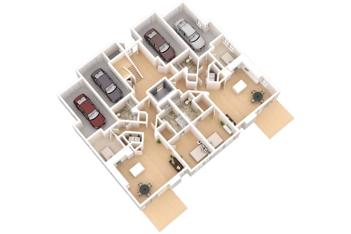 A 3D floor plan showcasing a detailed layout of a house with multiple rooms and garages.