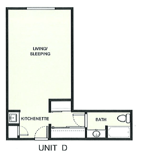 Floor plan of a studio apartment showing layout of living area, kitchenette, and bathroom.