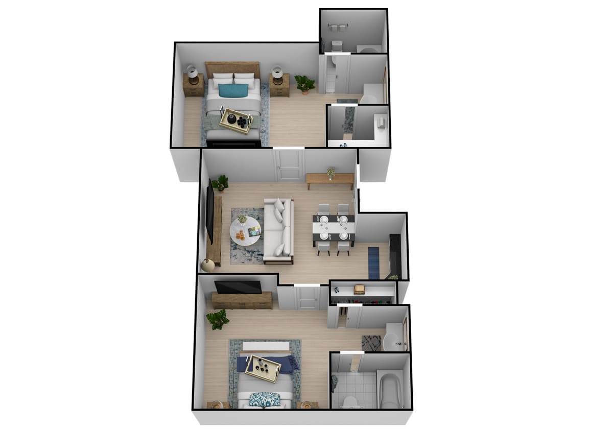 A 3D floor plan of an apartment showing multiple rooms including bedrooms, a kitchen, and living spaces.