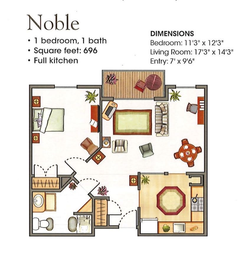 Noble floor plan featuring 1 bedroom and 1 bathroom with a full kitchen.