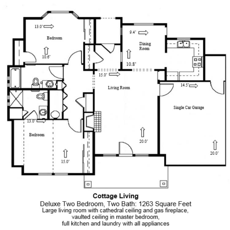 This image shows the floor plan for a deluxe two-bedroom, two-bathroom apartment covering 1267 square feet.
