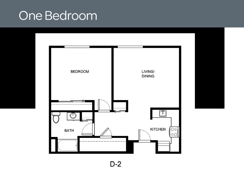 One-bedroom apartment floor plan with labeled rooms.