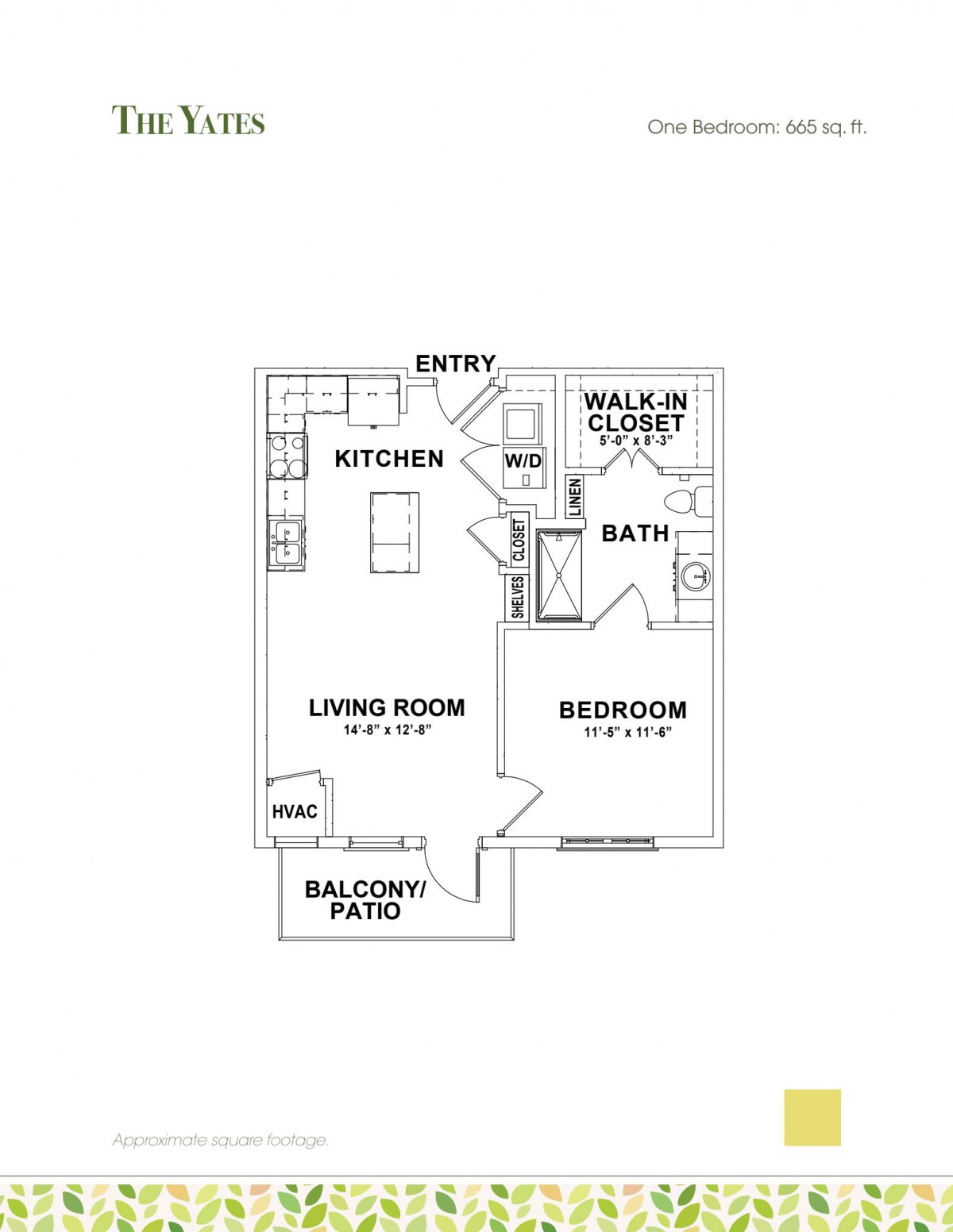 A floor plan of a one-bedroom apartment featuring a living room, kitchen, bathroom, walk-in closet, and balcony.