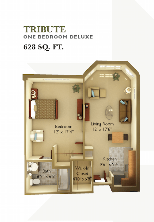 A one-bedroom deluxe apartment floor plan with a total area of 628 square feet, showcasing the layout of living spaces including a bedroom and living room.