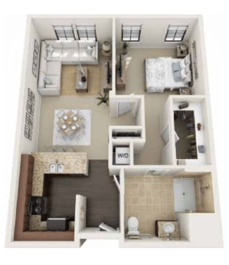 A 3D floor plan of a one-bedroom apartment with a kitchen, living room, and bathroom.