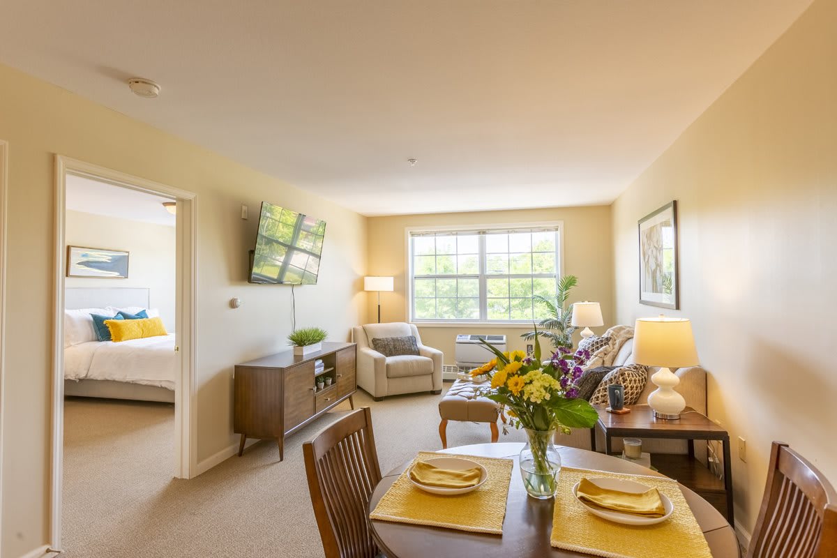A cozy living and dining area with thoughtful decor and ample natural light.