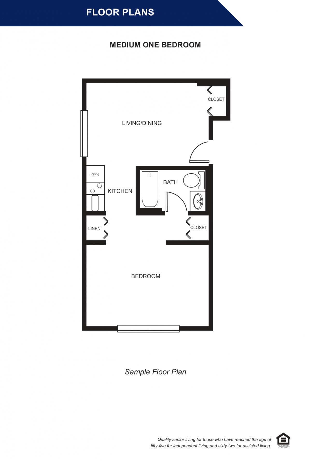 A simple floor plan of a one-bedroom apartment.