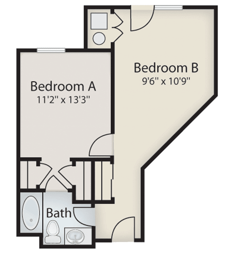 A floor plan showing Bedroom A and B with an adjoining bathroom.