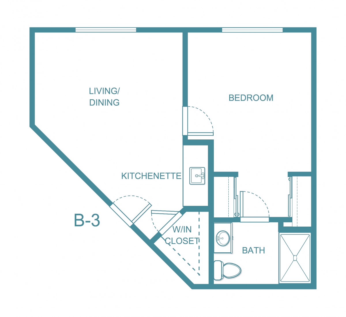 A floor plan of an apartment with designated living/dining area, bedroom, kitchenette, and bath.