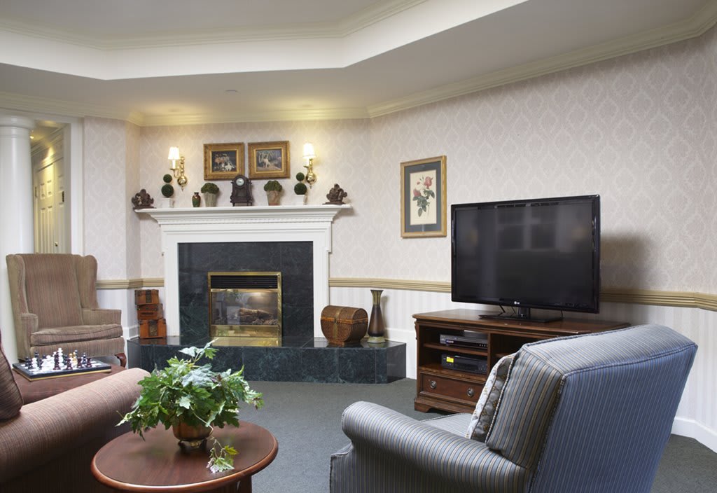 A cozy living room with a fireplace and television setup.
