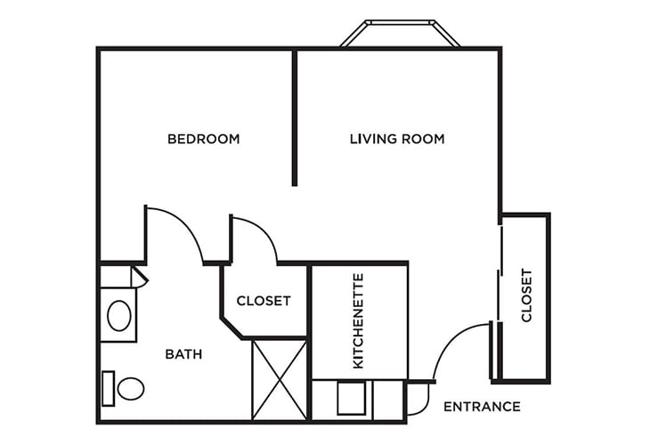A floor plan of a one-bedroom apartment featuring a living room, kitchenette, bathroom, and closets.