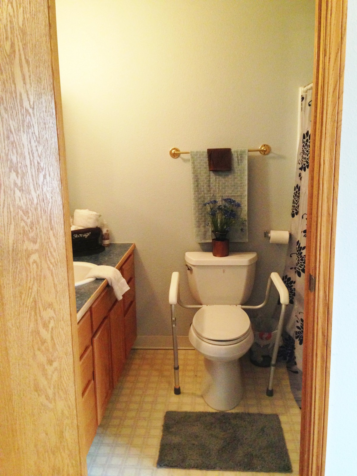 Small bathroom with a toilet and grab bars for accessibility.