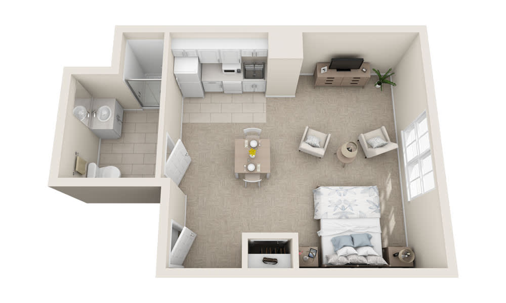 A floor plan of a modern studio apartment featuring an open living area, kitchen, and bedroom.