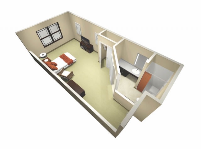 A 3D rendering of a small apartment floor plan featuring a bedroom and bathroom.