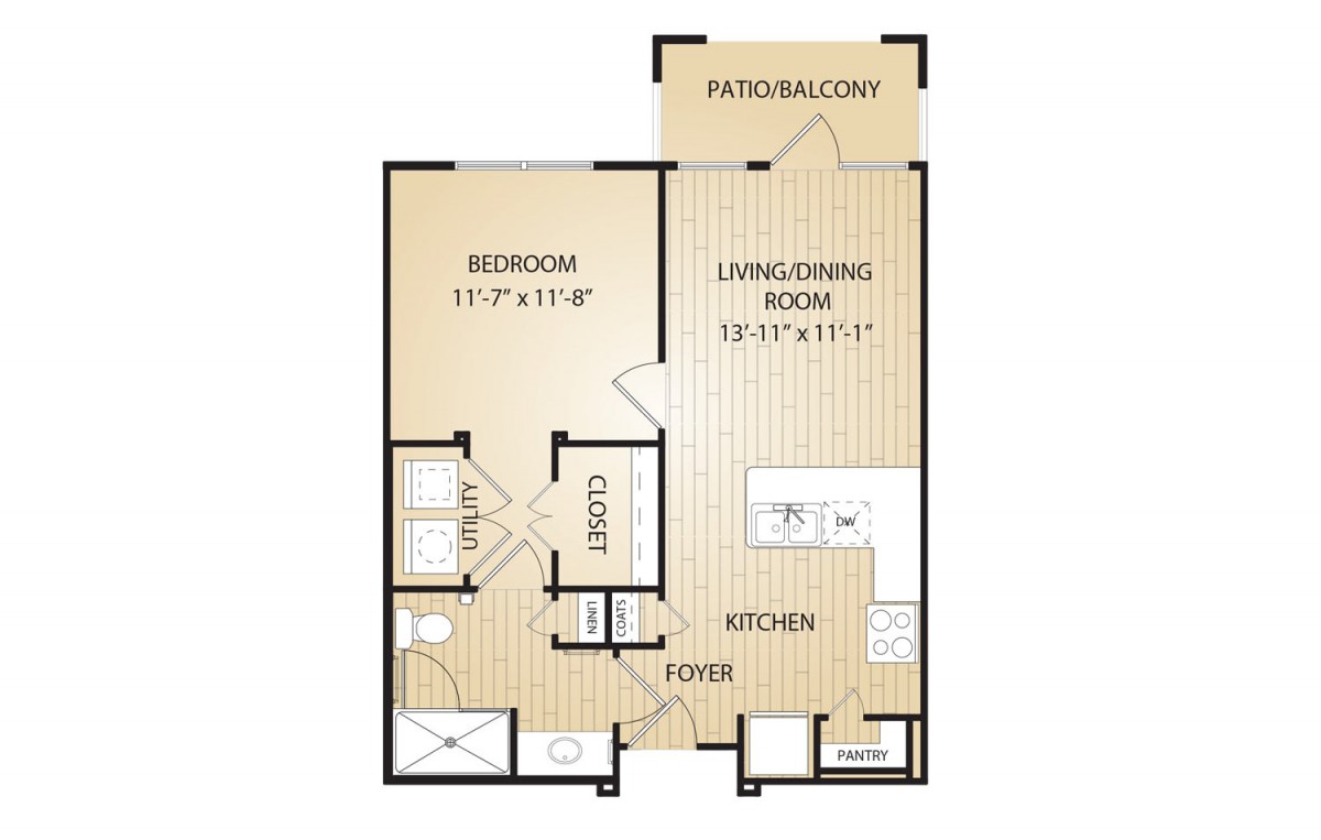 A one-bedroom apartment floor plan featuring a living/dining room, kitchen, bathroom, and patio/balcony.
