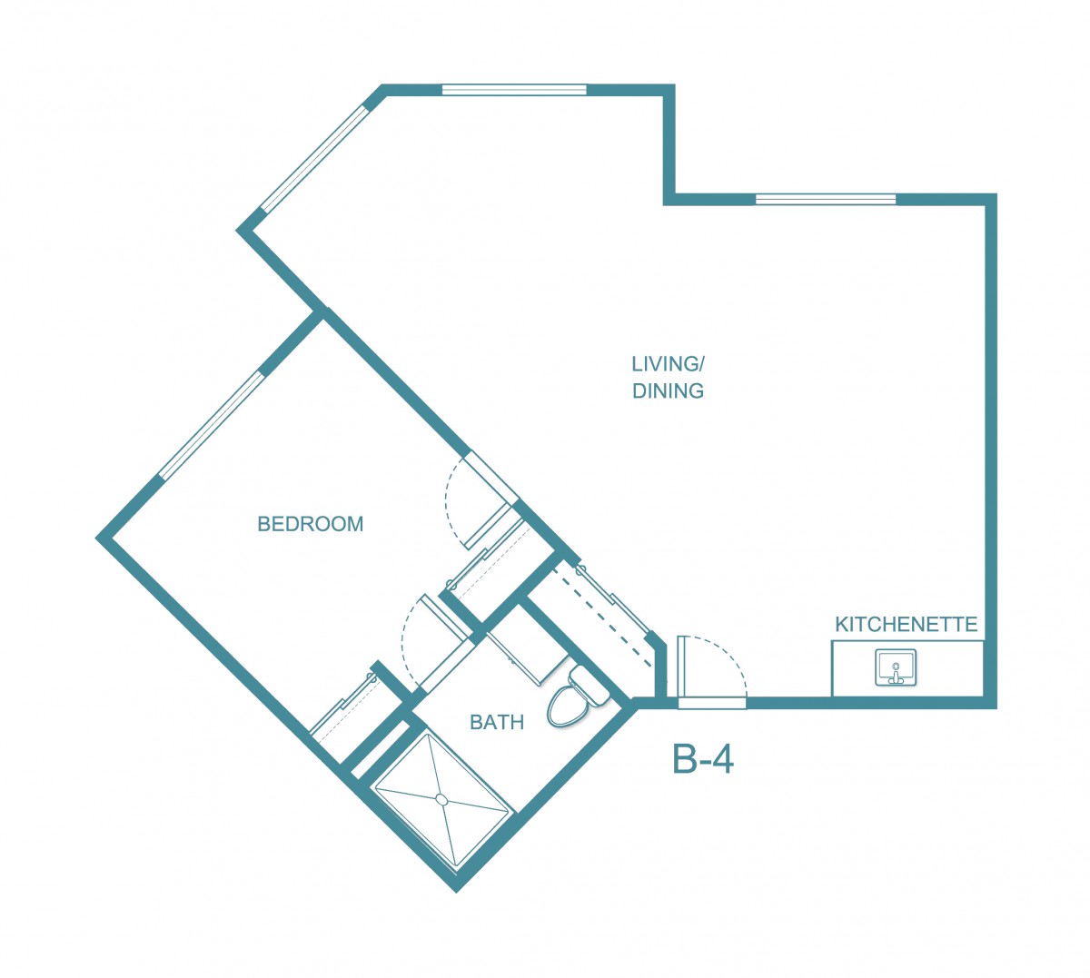 A simple architectural floor plan depicting a one-bedroom apartment layout with a living/dining area and bathroom.