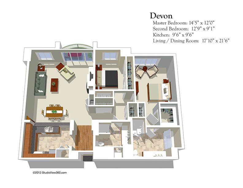 A detailed floor plan of an apartment unit featuring two bedrooms, a kitchen, and a living area.