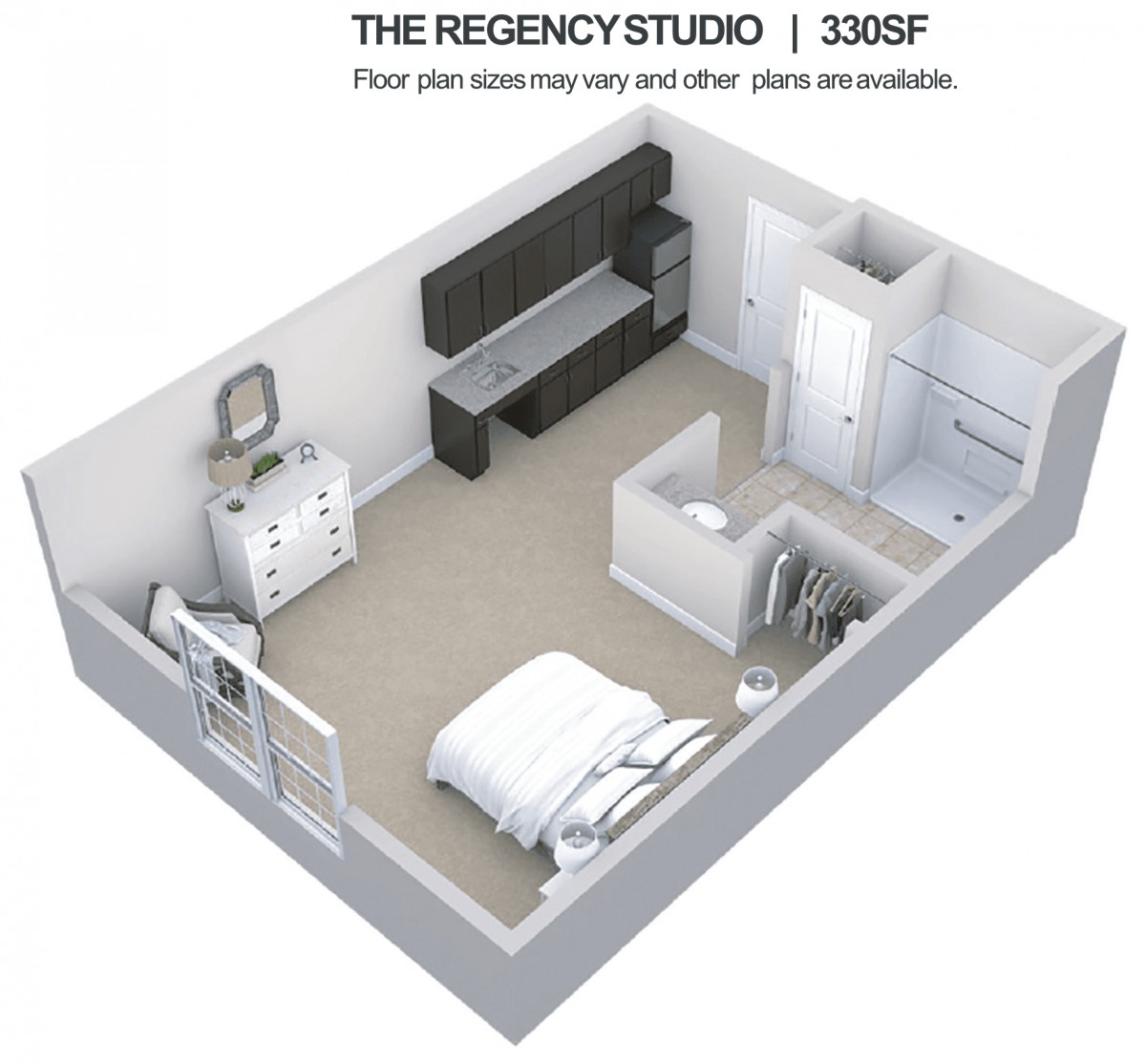 3D floor plan of The Regency Studio apartment, featuring a compact and efficient layout with a bedroom, kitchen area, and bathroom.