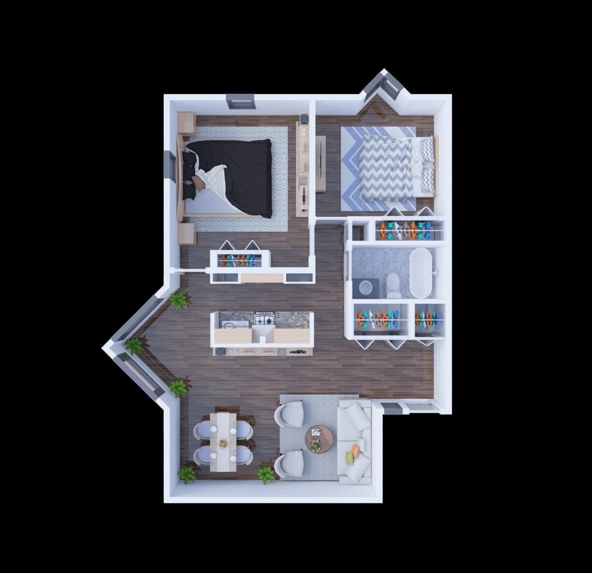 A modern apartment floor plan featuring a kitchen, living room, two bedrooms, and a bathroom.