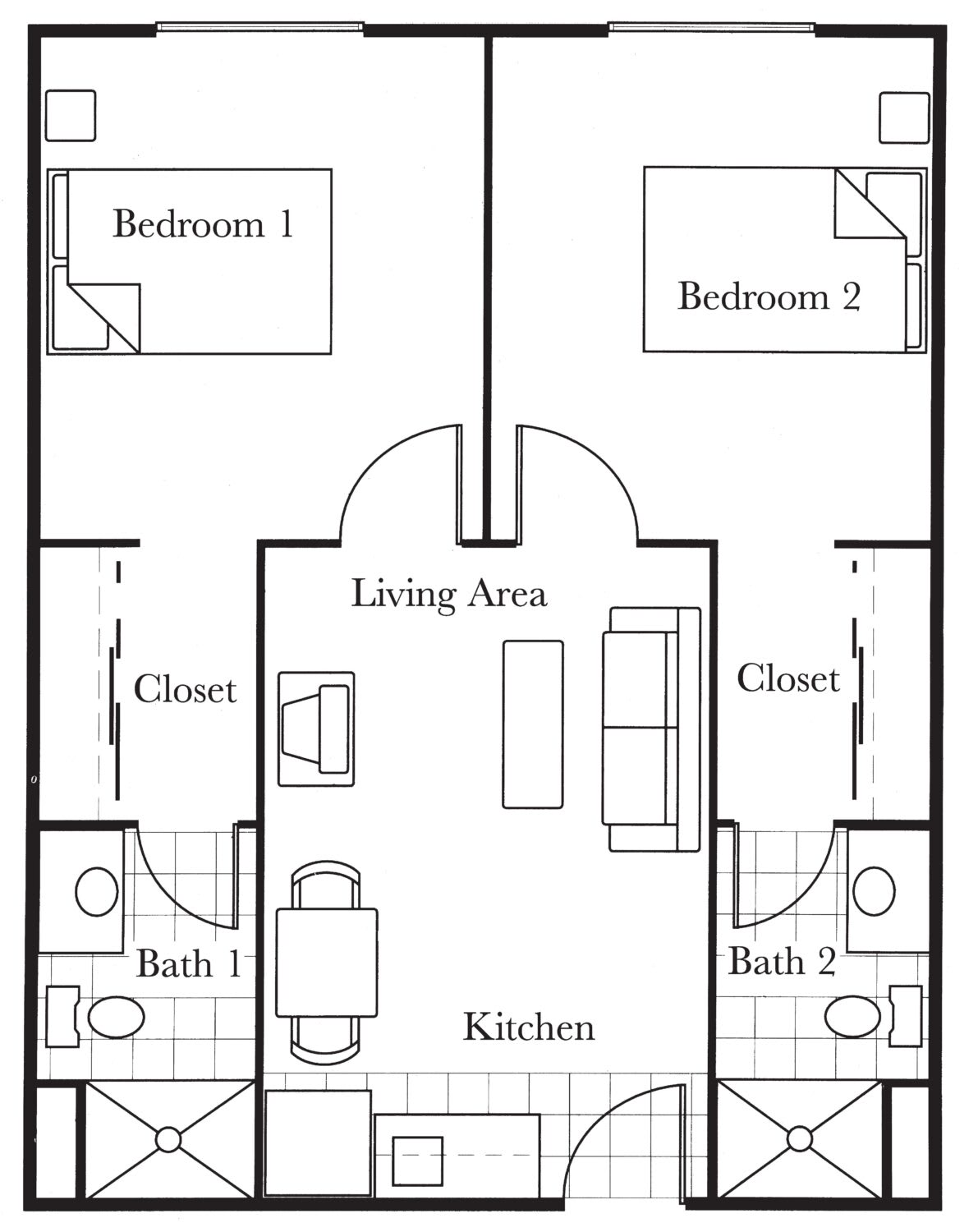 A floor plan of a two-bedroom apartment with a central living area and kitchen.