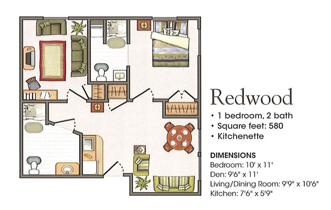 Redwood floor plan featuring a 1-bedroom, 2-bathroom layout with a kitchenette.