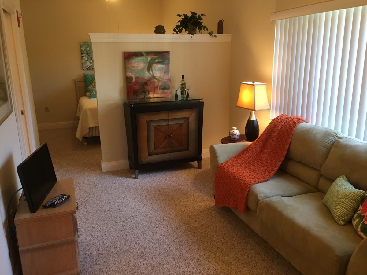 A cozy living room with a sofa, lamp, and television.