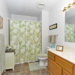 A well-lit bathroom featuring a green floral shower curtain, wooden cabinets, and a large mirror.