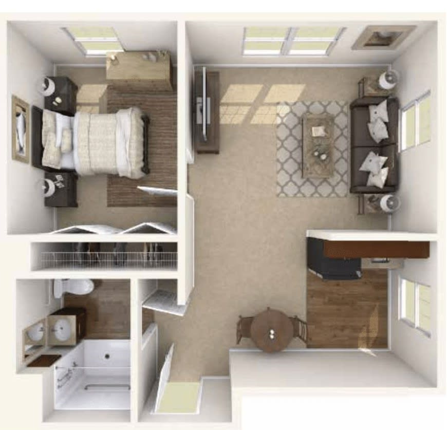 One-bedroom apartment floor plan with designated living room, bedroom, bathroom, and kitchen areas.