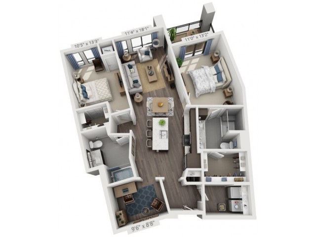 A 3D floor plan of a two-bedroom apartment showcasing an open living area, kitchen, and two bathrooms.