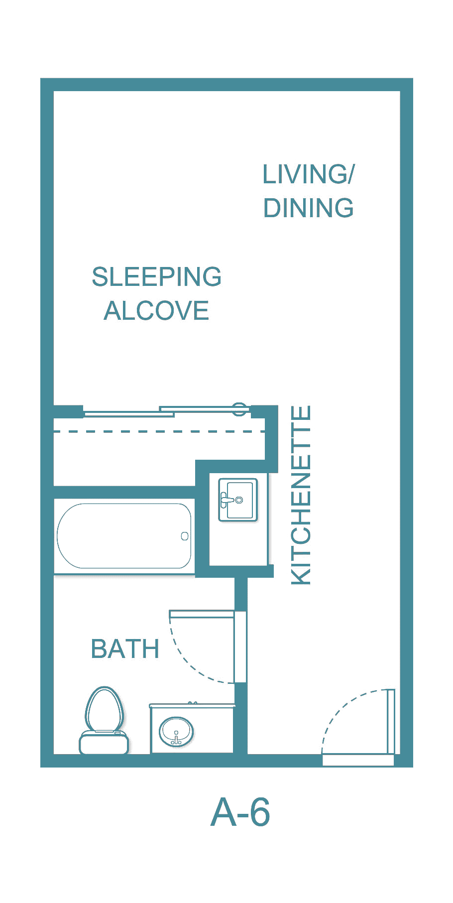 Studio apartment floor plan featuring a sleeping alcove, kitchenette, and bathroom.