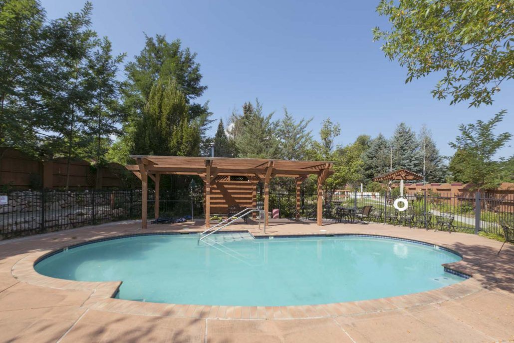 A tranquil outdoor swimming pool surrounded by trees and a wooden pergola under a clear blue sky.