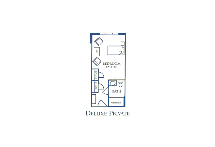 Deluxe Private room floor plan featuring a bedroom and bathroom.