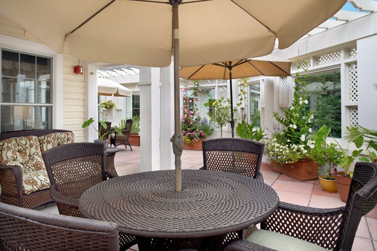 A cozy outdoor patio setup with a table, chairs, and an umbrella, surrounded by lush plants.