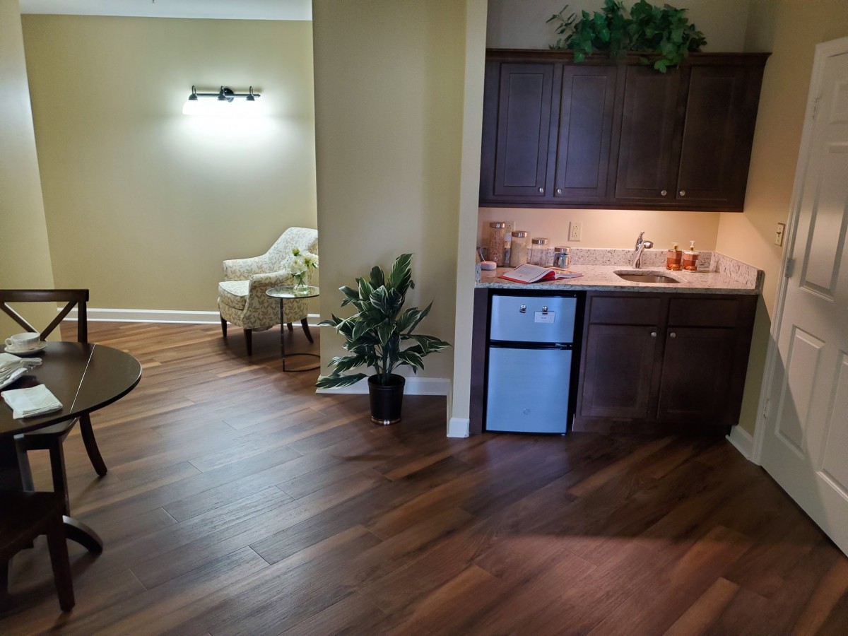 A cozy apartment featuring a living area with wood flooring, a kitchenette, and decorative plants.