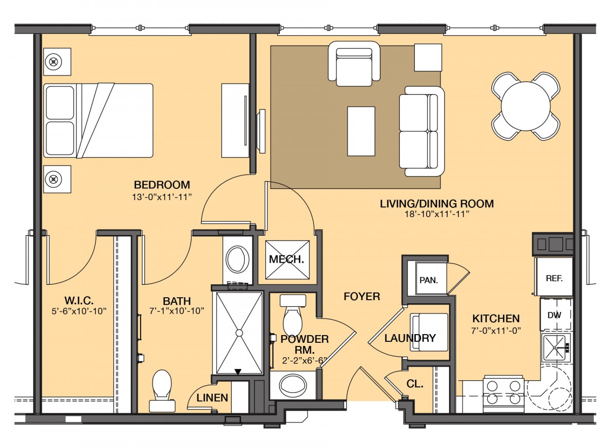 Detailed floor plan of an apartment featuring a bedroom, living room, bathroom, kitchen, and laundry area.