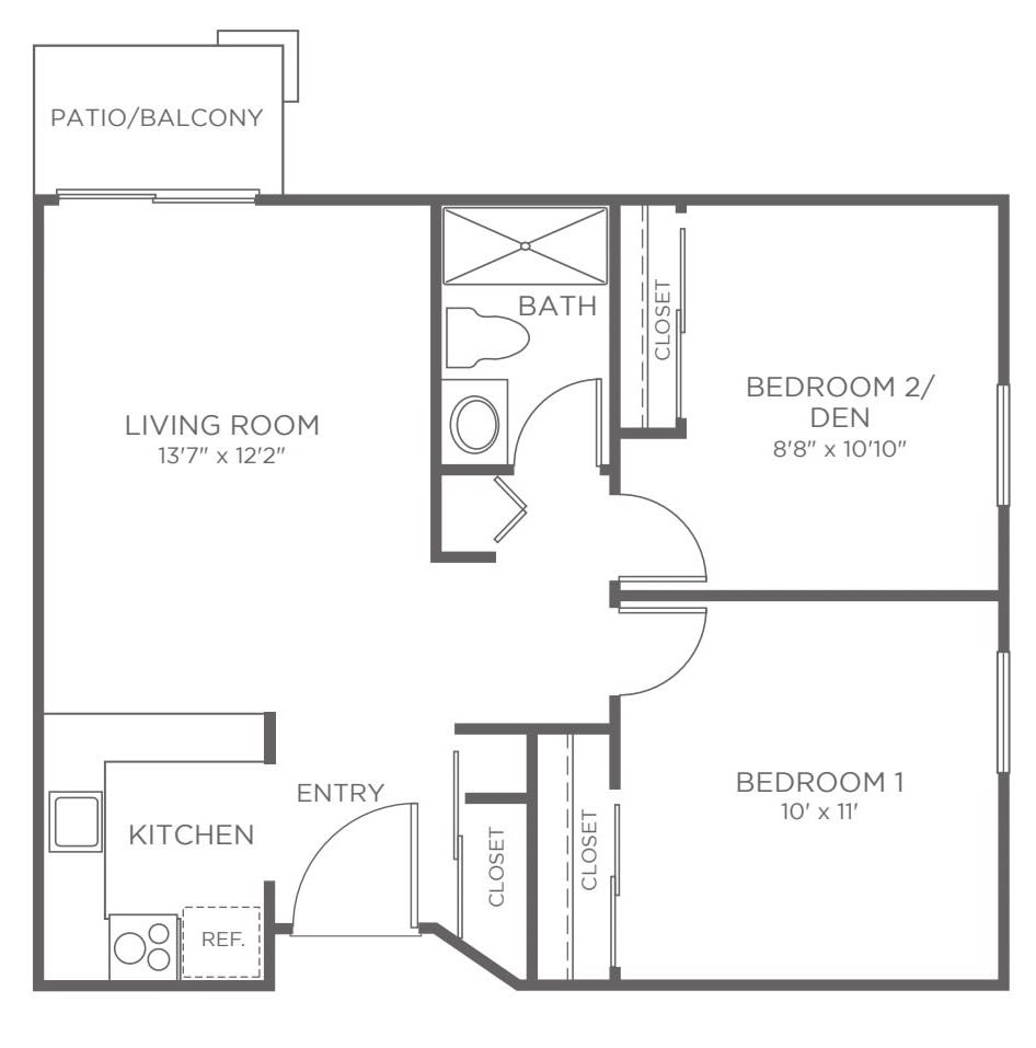 A floor plan of a two-bedroom apartment featuring a living room, kitchen, bathroom, and balcony.