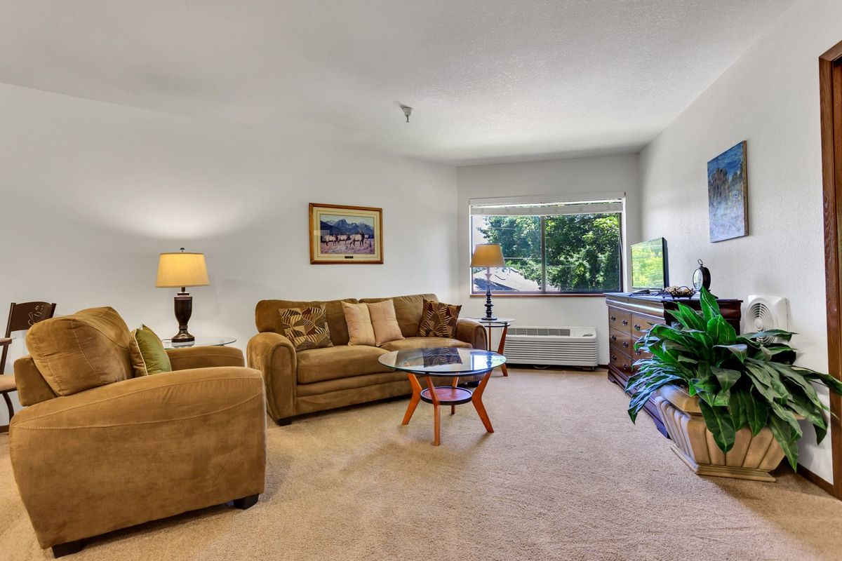 A cozy living room with a sofa, coffee table, and large window.