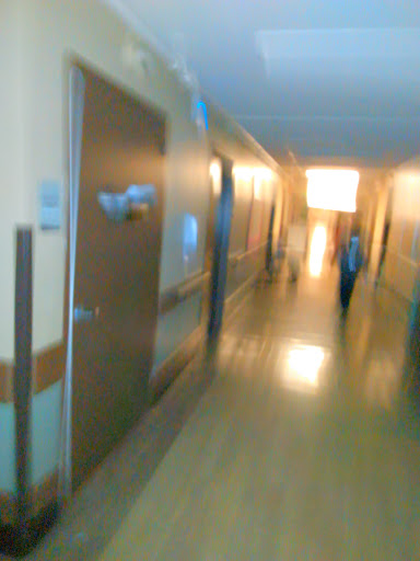 A blurred view of a hospital hallway, illuminated by soft lighting.