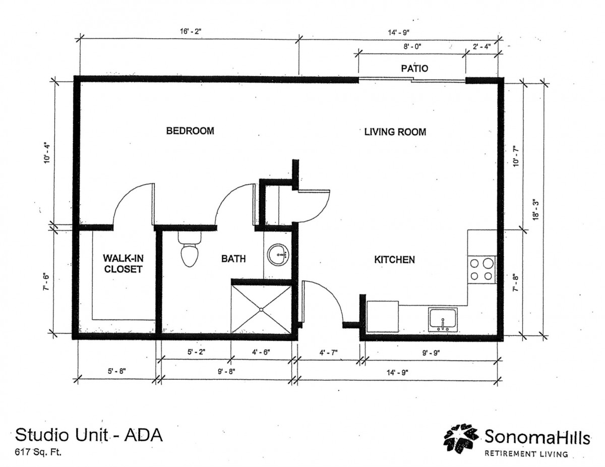 A floor plan of an ADA-compliant apartment unit, showing designated areas for the bedroom, living room, kitchen, bathroom, and a walk-in closet.