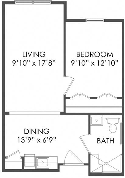 A floor plan of a one-bedroom apartment featuring a living room, dining area, and bathroom with specific room dimensions.