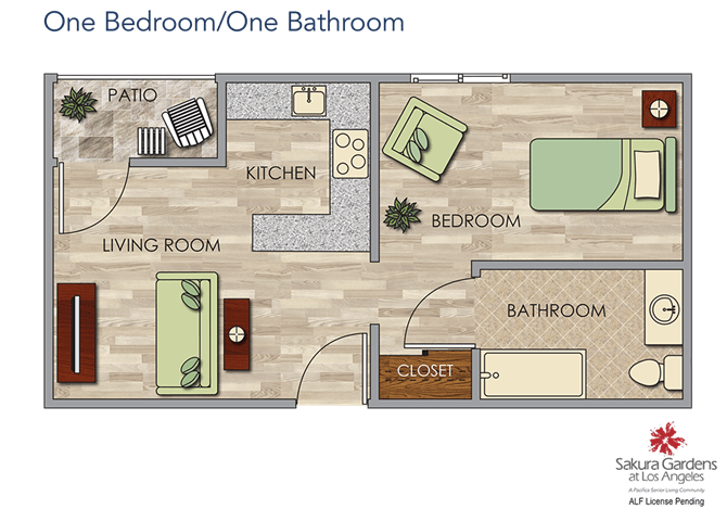 A floor plan of a one-bedroom, one-bathroom apartment featuring a living room, kitchen, patio, and closet.