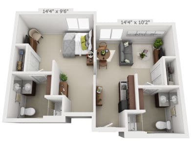 3D floor plan of a two-bedroom apartment with separate living areas and bathrooms.