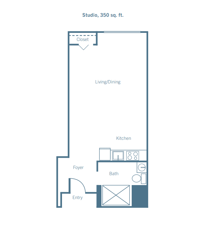 This is a blueprint of a studio apartment layout, featuring an open living space, kitchen, and bathroom.