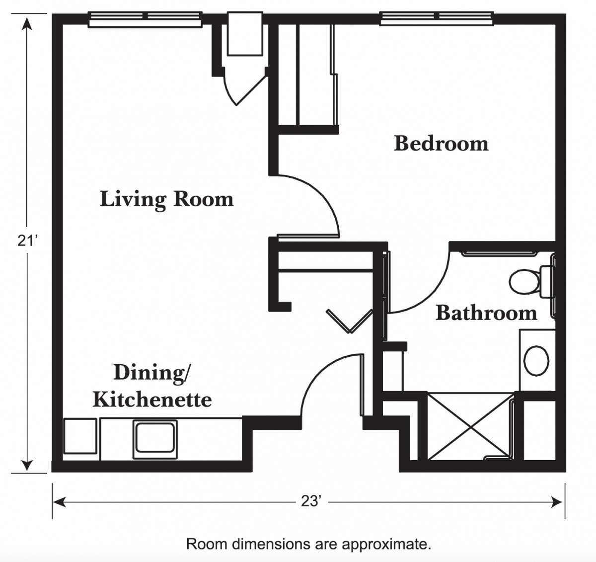 A floor plan depicting a one-bedroom apartment layout, featuring a living room, dining/kitchenette area, and a bathroom.