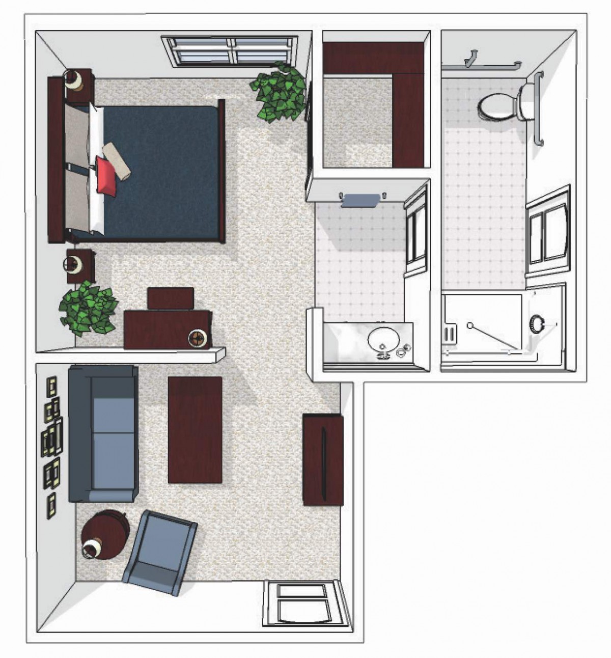 A floor plan of a small apartment featuring a bedroom, living room, kitchen area, and bathroom.